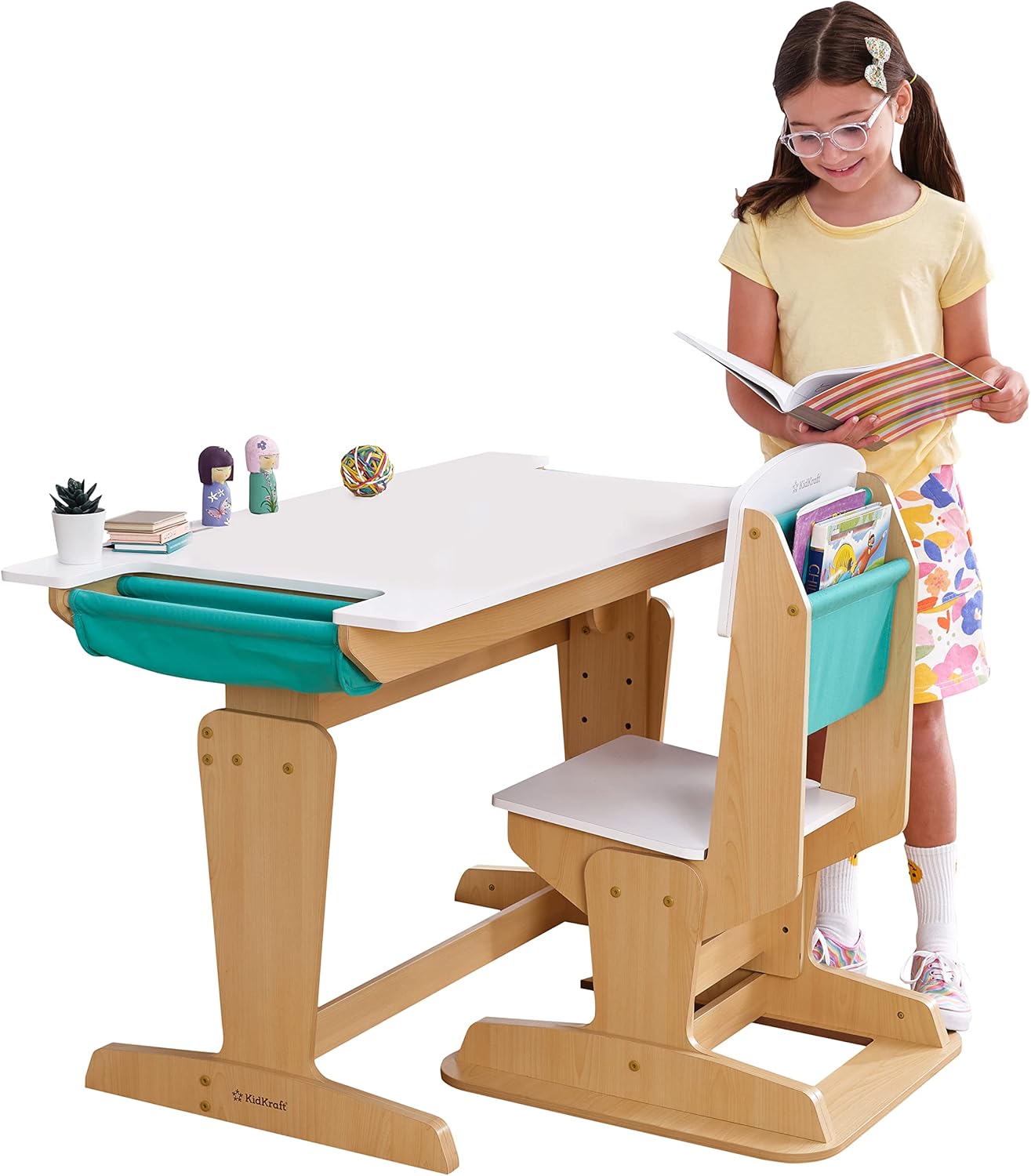 KidKraft Poche Grow Together Bureau Enfant en Bois avec Chaise Réglable en Hauteur, Chambre Enfant, Bureau avec Rangement, Meubles pour Enfants, 20307