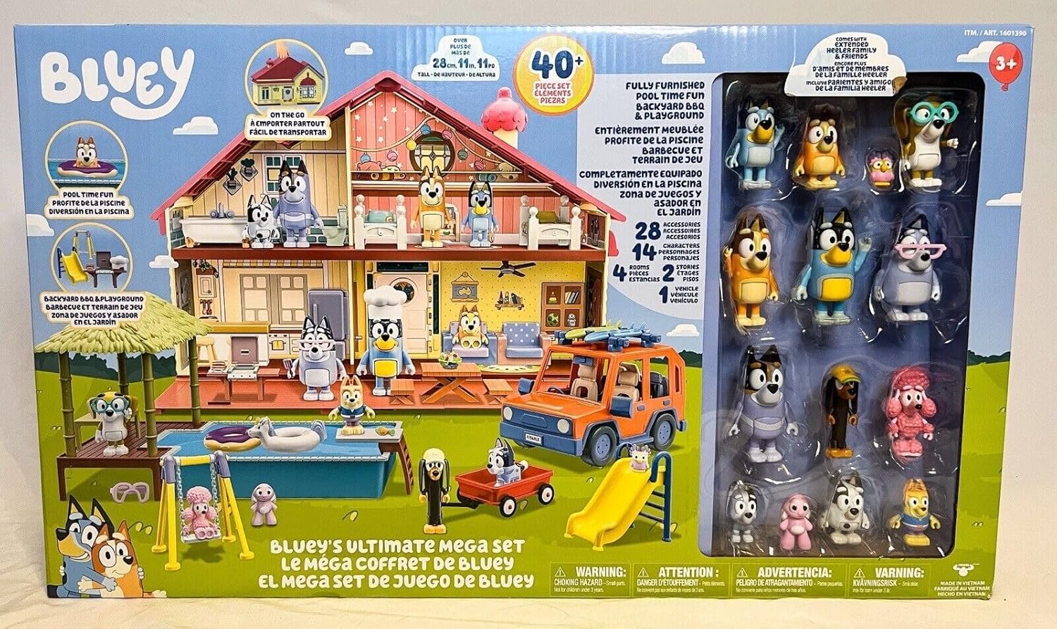 Bluey Mega Set Ultimate 2023 | 40 pièces 4 ensembles dans un méga jeu | Famille et amis à talons complets et étendus 14 figurines de personnages