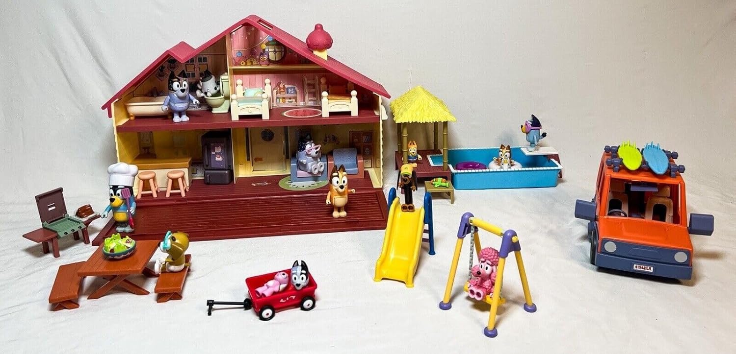 Bluey Mega Set Ultimate 2023 | 40 pièces 4 ensembles dans un méga jeu | Famille et amis à talons complets et étendus 14 figurines de personnages