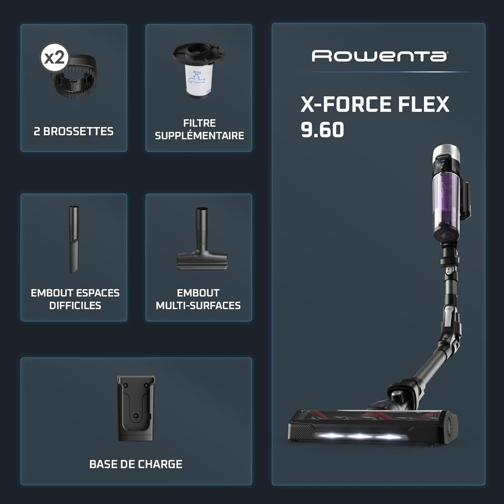 Rowenta X-Force Flex 9.60 Allergie Aspirateur balai sans fil, Filtration Anti-Allergènes, Puissant 100AW, Ultra Léger, Autonomie 45min RH2038WO, Noir / Violet