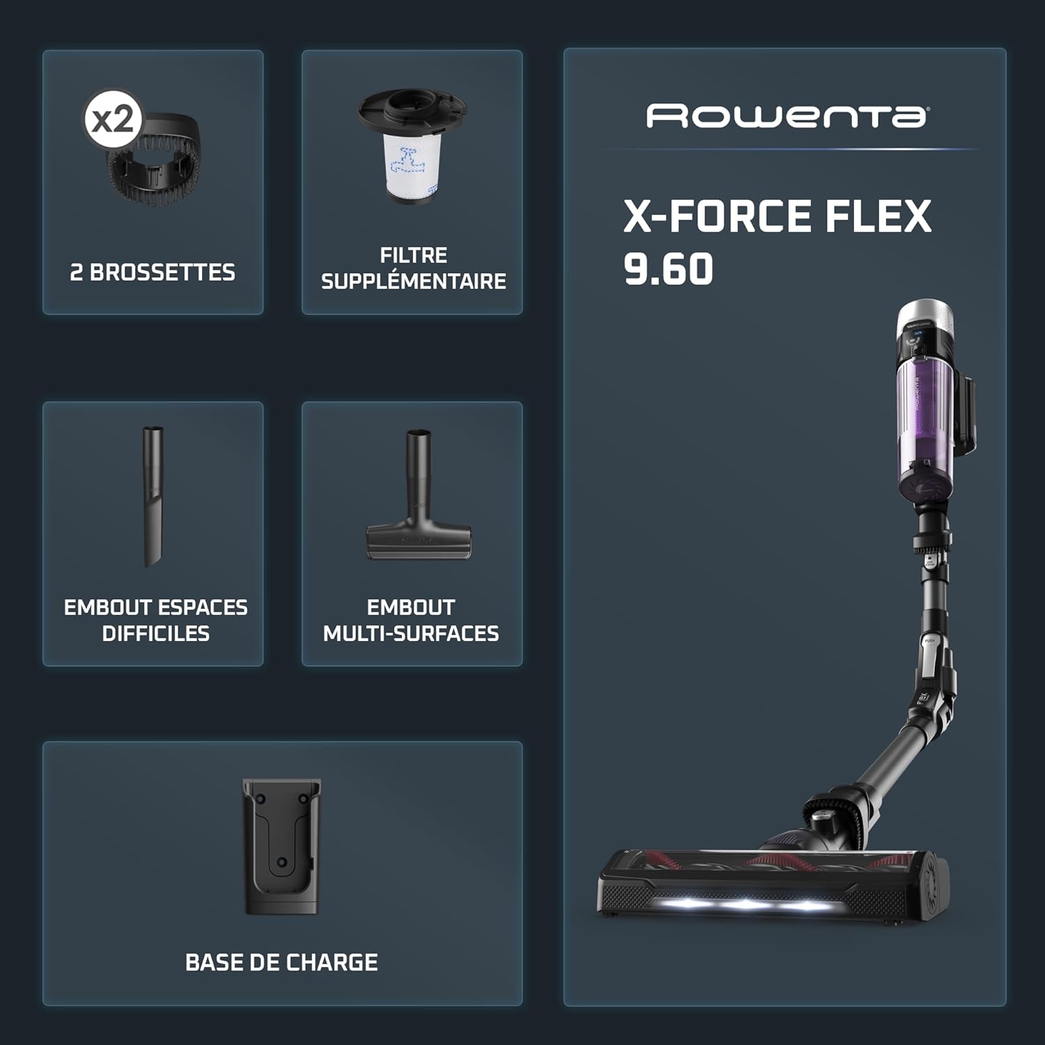 Rowenta X-Force Flex 9.60 Allergie Aspirateur balai sans fil, Filtration Anti-Allergènes, Puissant 100AW, Ultra Léger, Autonomie 45min RH2038WO, Noir / Violet