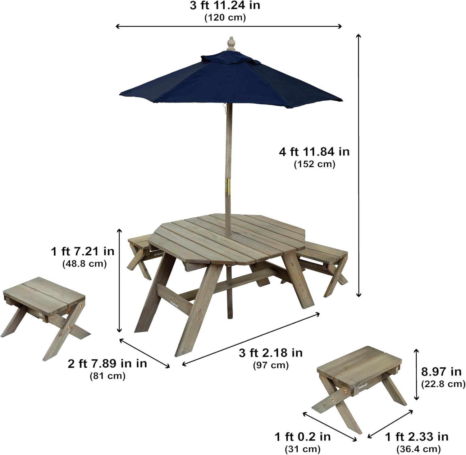 KidKraft Table de Jardin Octogonale pour Enfants, Table d'extérieur avec Tabourets et Parasol en Bois pour l'extérieur, Salon de Jardin extérieur pour Enfants, 20176