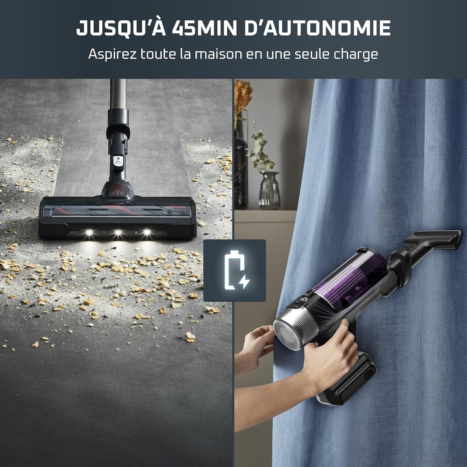 Rowenta X-Force Flex 9.60 Allergie Aspirateur balai sans fil, Filtration Anti-Allergènes, Puissant 100AW, Ultra Léger, Autonomie 45min RH2038WO, Noir / Violet