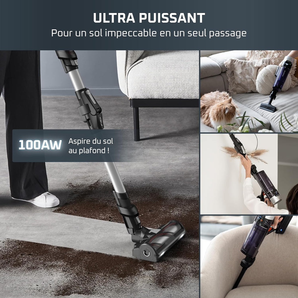 Rowenta X-Force Flex 9.60 Allergie Aspirateur balai sans fil, Filtration Anti-Allergènes, Puissant 100AW, Ultra Léger, Autonomie 45min RH2038WO, Noir / Violet