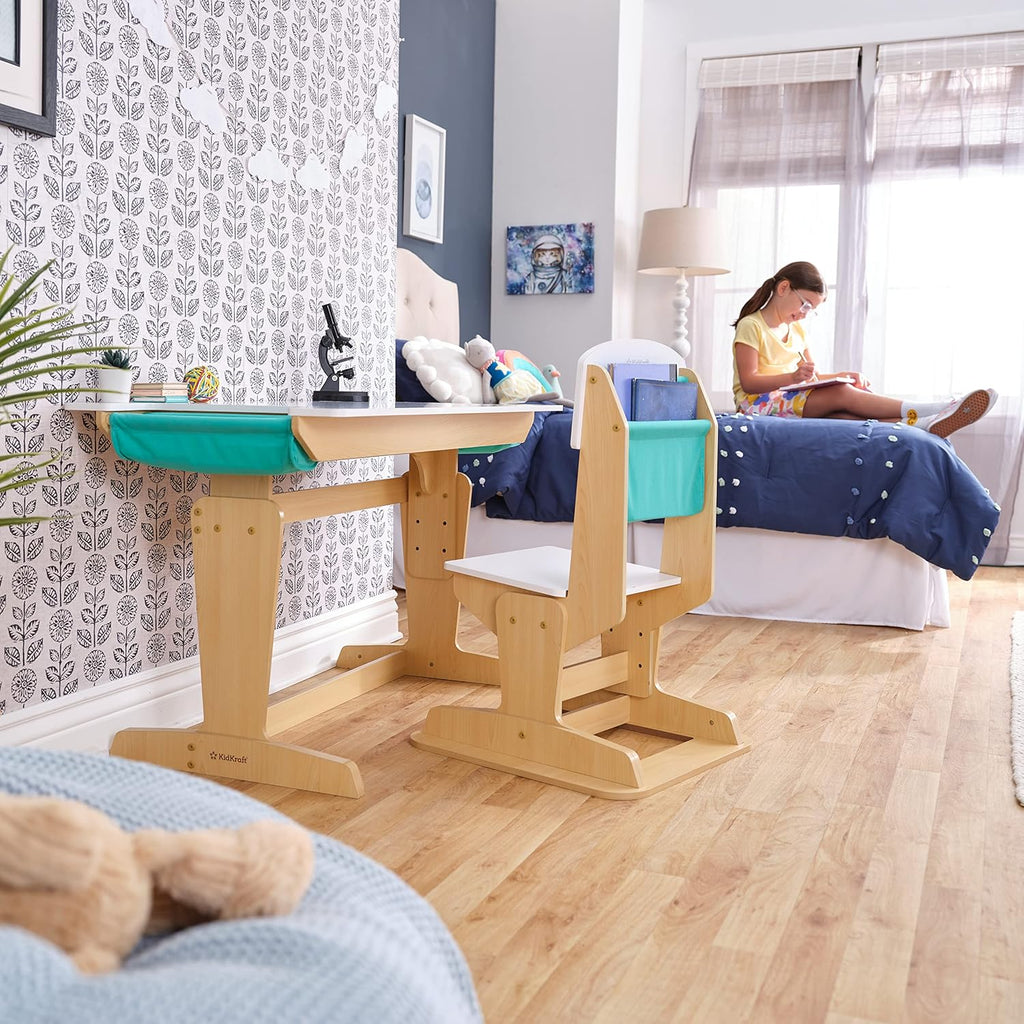 KidKraft Poche Grow Together Bureau Enfant en Bois avec Chaise Réglable en Hauteur, Chambre Enfant, Bureau avec Rangement, Meubles pour Enfants, 20307