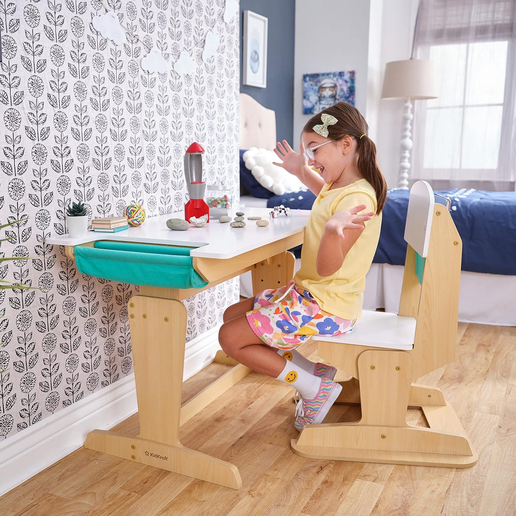 KidKraft Poche Grow Together Bureau Enfant en Bois avec Chaise Réglable en Hauteur, Chambre Enfant, Bureau avec Rangement, Meubles pour Enfants, 20307